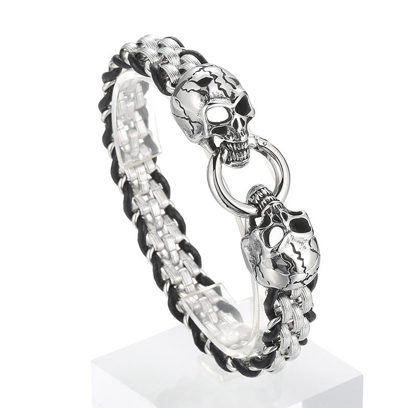 Men's Titanium Steel Woven Rhombus Bracelet with Fashion Punk Double Wolf Head Buckle