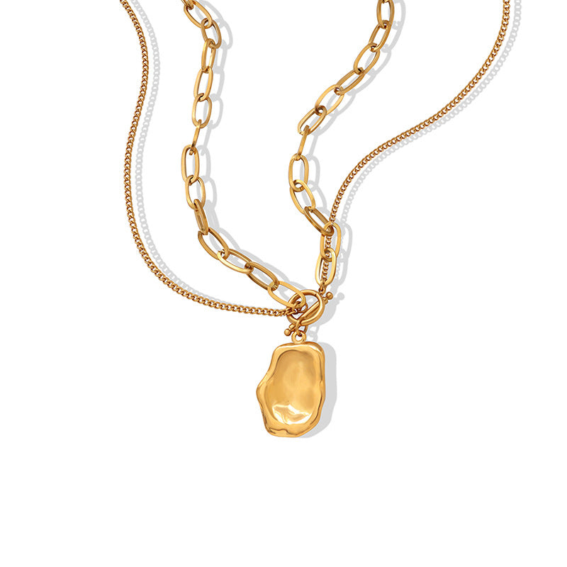 Statement Necklace with Unique Double-Layered Design and Irregular Pendant - Premium Titanium Steel, Gold-Plated - Fashion Jewelry for Women