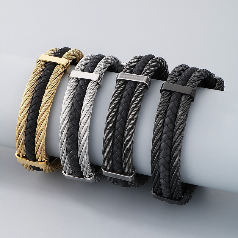 Planderful Mens Skull Wolf Head Steel Leather Bracelet