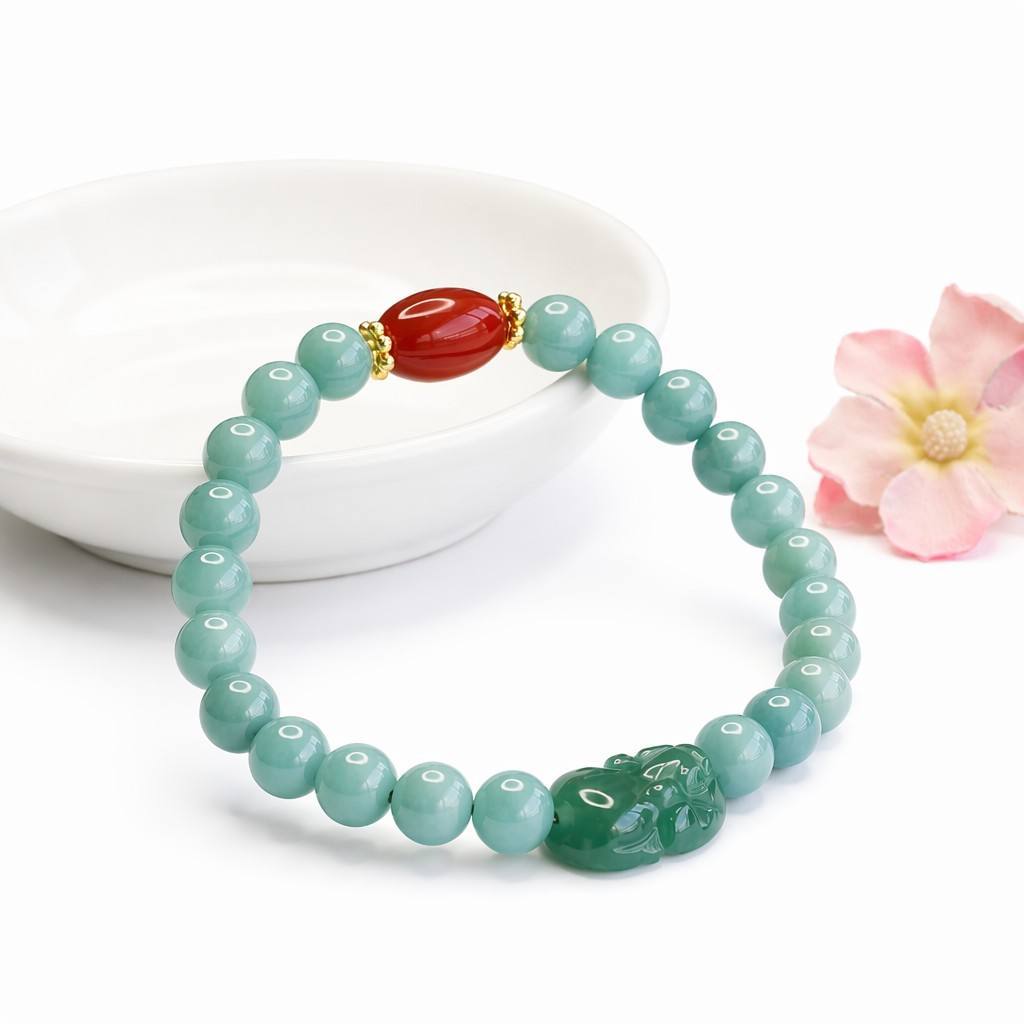 Blue Water Jadeite Pixiu & Barrel Bead Beaded Bracelet