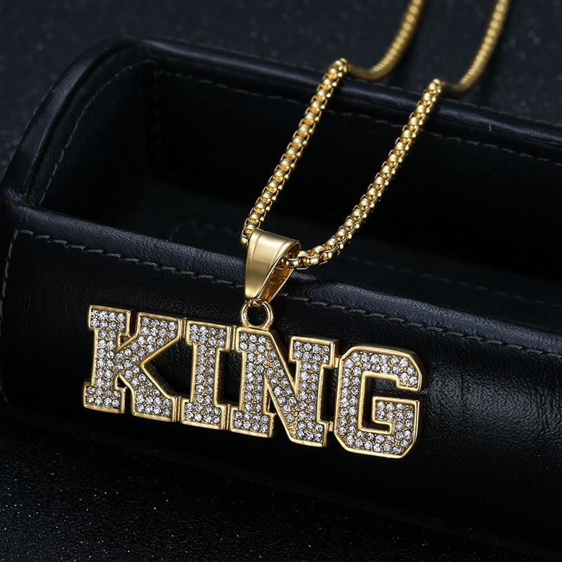 Planderful Hip Hop Jewelry King Pendant Necklace Gold Plated Zircon Titanium Steel For Urban Style Enthusiasts