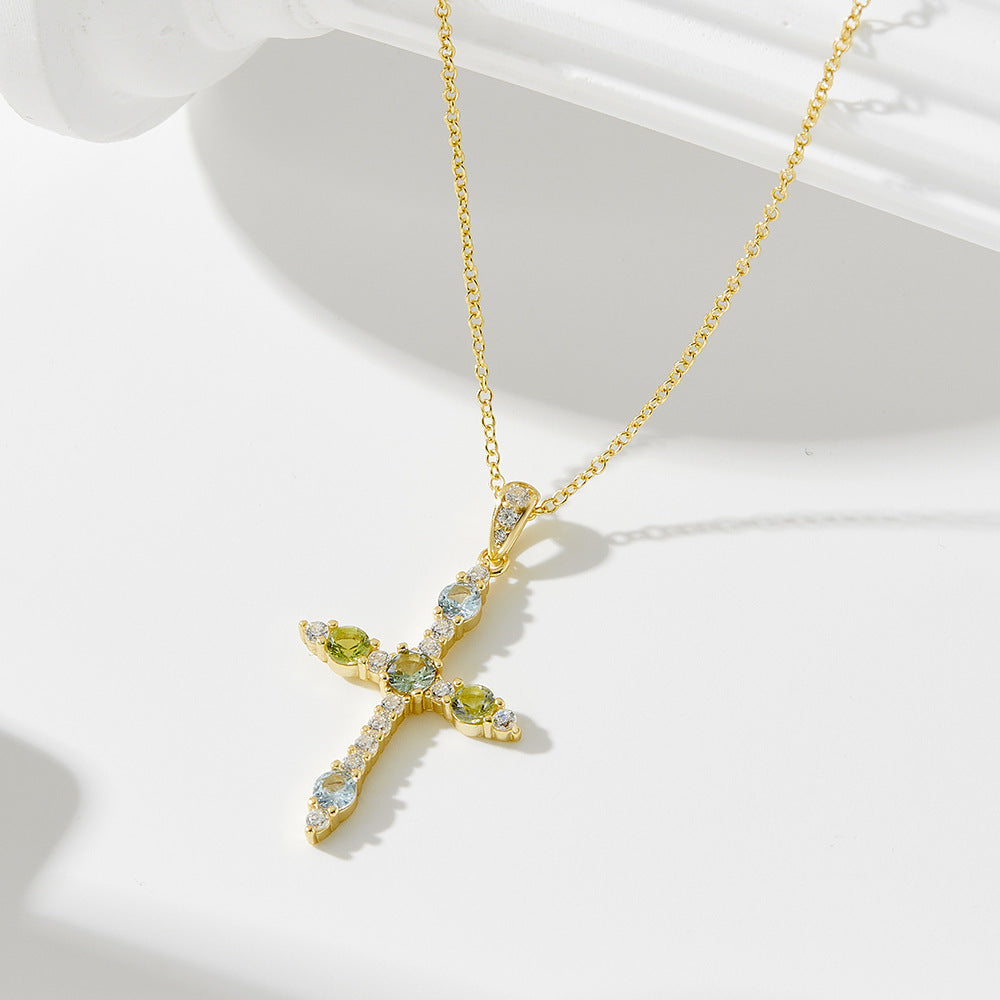 S925 Sterling Silver Zircon Inlaid Colored Cross Pendant Necklace