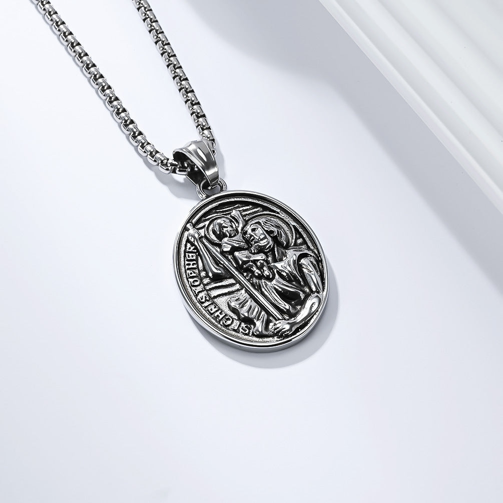 Planderful St Christopher Necklace For Men Titanium Steel Pendant Retro Literary Style Everyday Genie