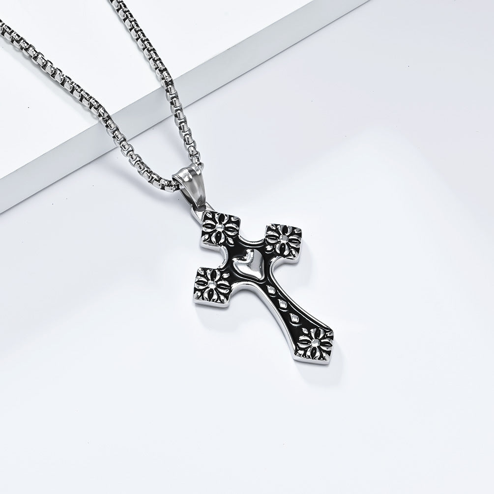 Cross-Border Retro Love-Shaped Cross Necklace Stainless Steel Quality Men's Pendant Wholesale Jewelry