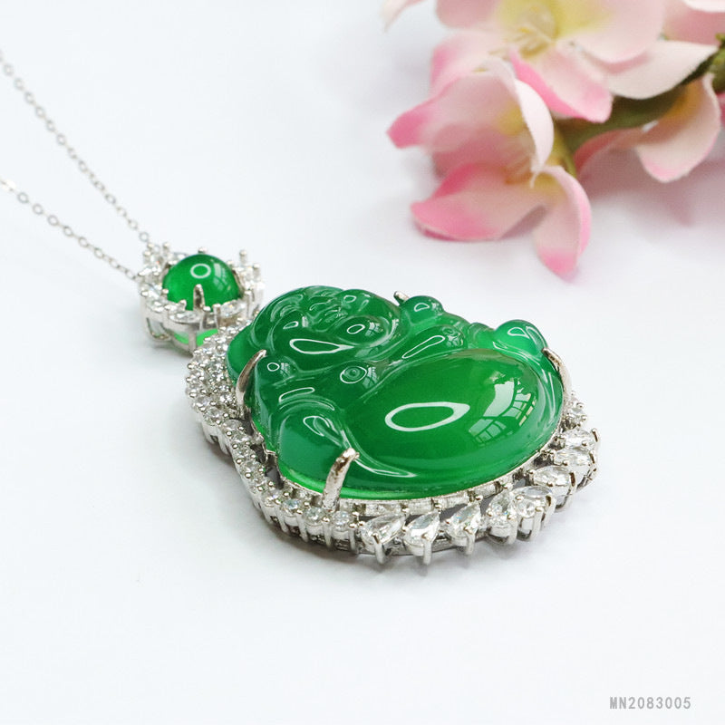 Green Chalcedony Buddha Zircon Halo Pendant — No Chain