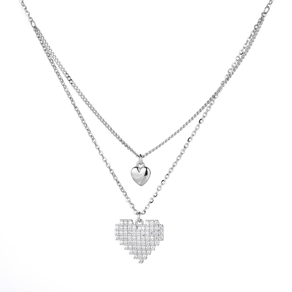 S925 Silver Double Love Collarbone Necklace with Zircon