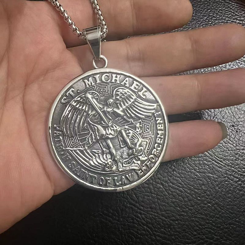 Planderful St Michael Angel Round Pendant Necklace Unisex Titanium Steel Punk Style Jewelry