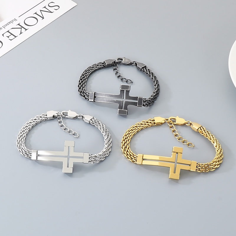 Men Wear – Stainless Steel Curved Bar Hollow Cross Men's Bracelet Can Be Adjusted