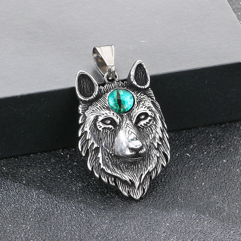 Qixiang Opal Wolf Head Pendant Direct Supply, Punk Style Old Wolf Totem Wolf Necklace