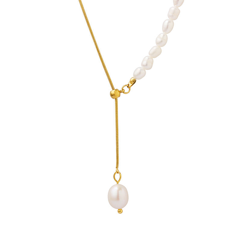 Elegant Snake Bone Chain Necklace with Freshwater Pearls