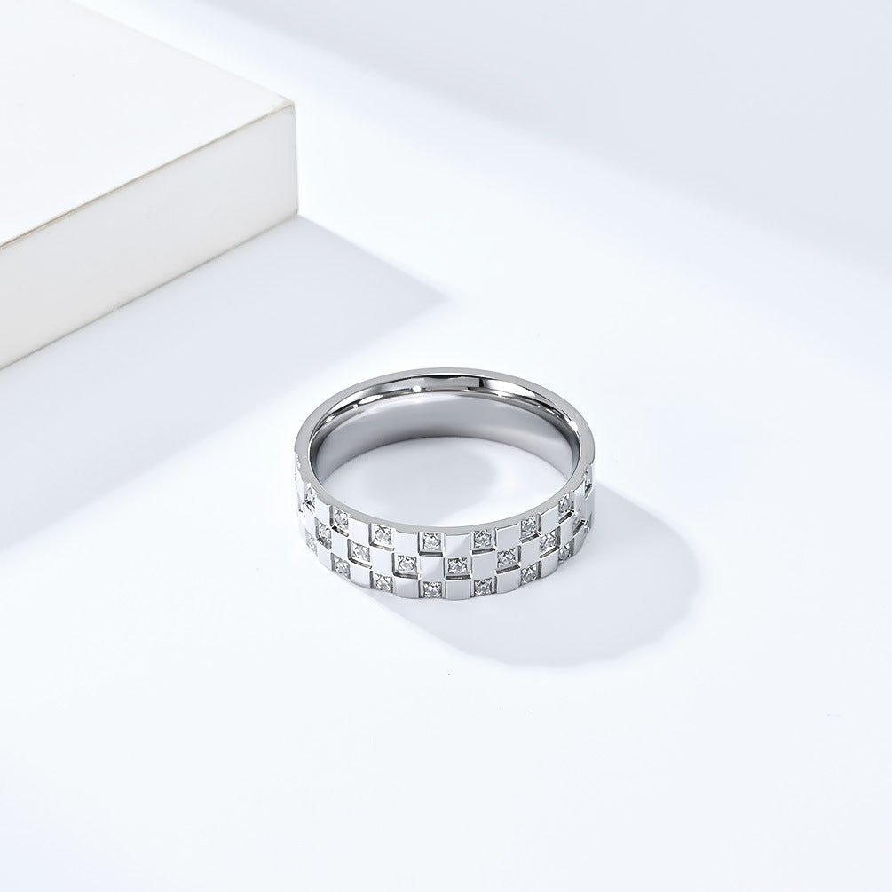Planderful Zircon Ring Unisex Titanium Steel Inlaid Checkered Zircon For Couples Everyday Genie