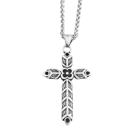 Stainless Steel Cross Flower Necklace for Men with Chain