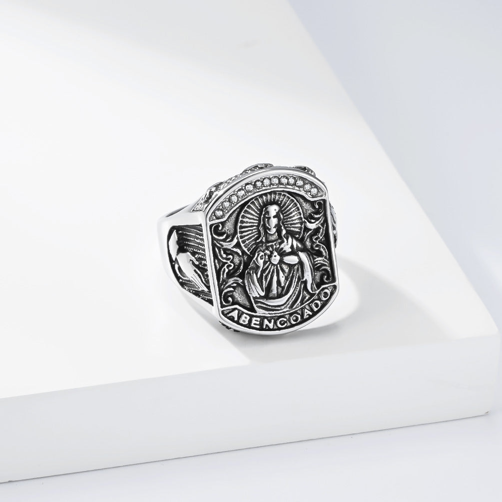 Churches Pray For Blessing & Prayer Hands Stainless Steel Ring Relief Portrait Baroque