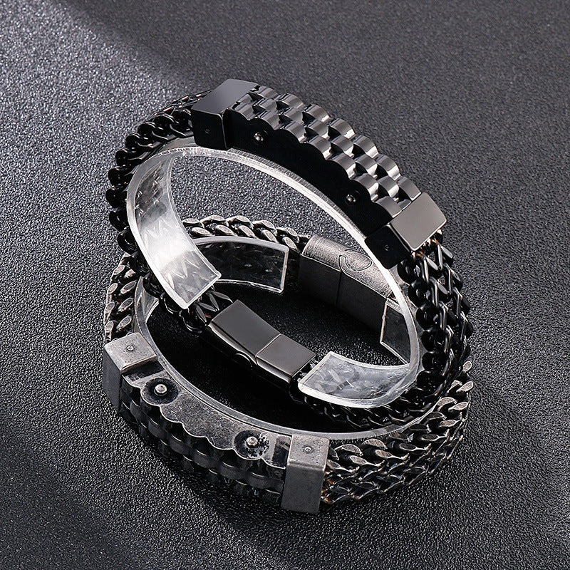 Trendy Men's Hip-Hop Style 18K Gold-Plated Titanium Steel Bracelet with Front and Back Chain Design