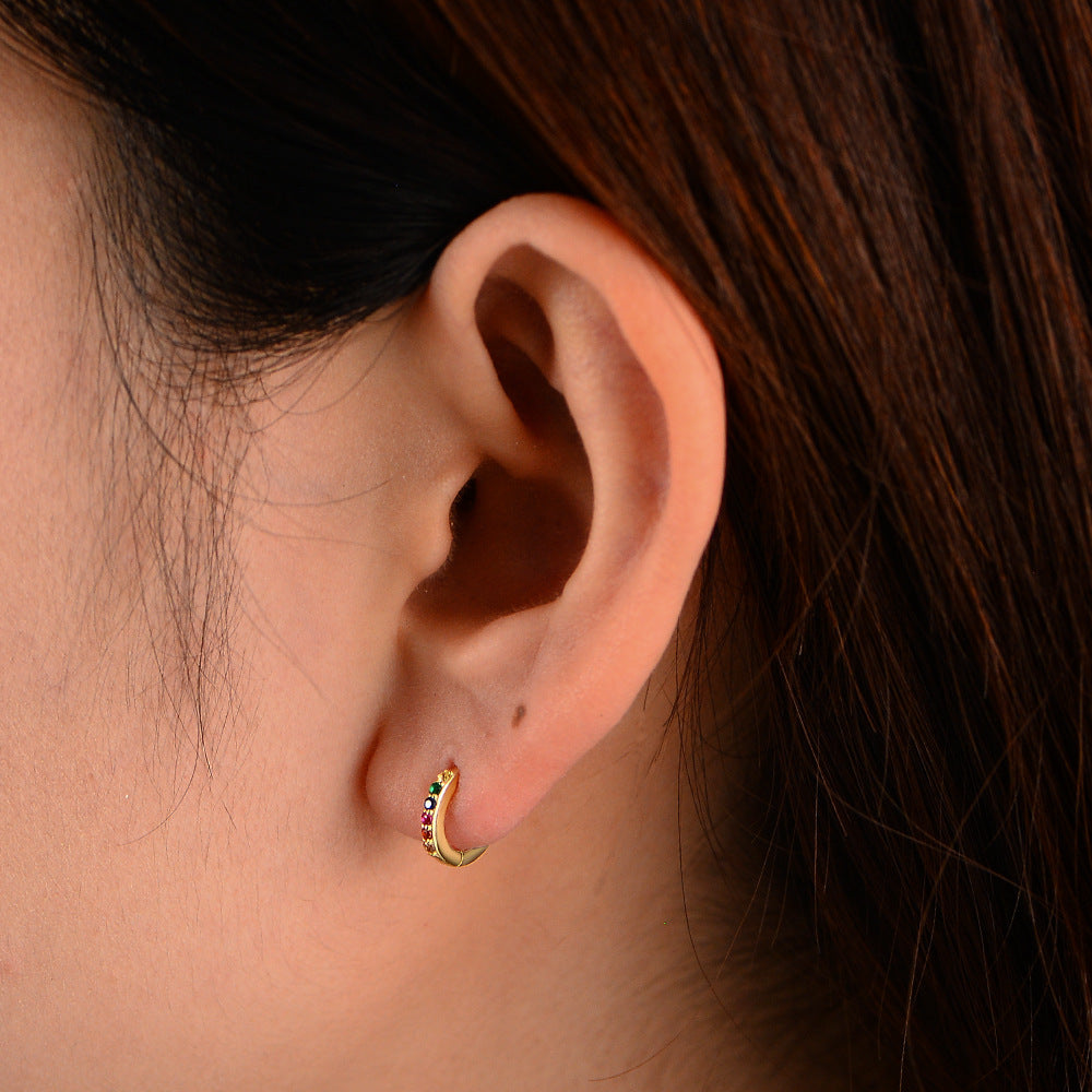 S925 Sterling Silver Round Micro-Inlaid Colored Zircon Ear Buckle Earrings