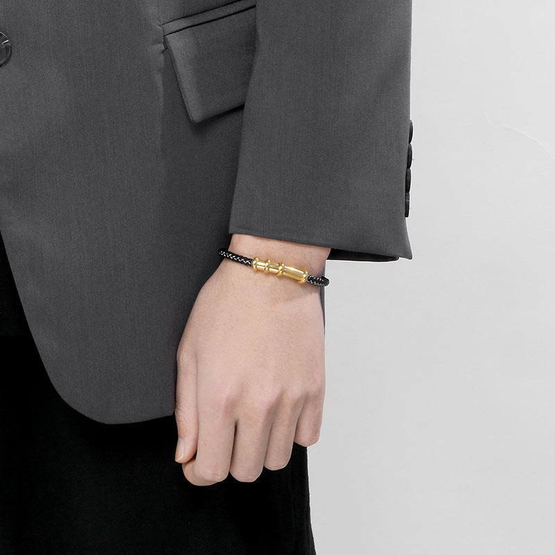 Smooth Curved Tube Leather Rope Bracelet – Woven Leather Rope Magnetic Buckle Men's