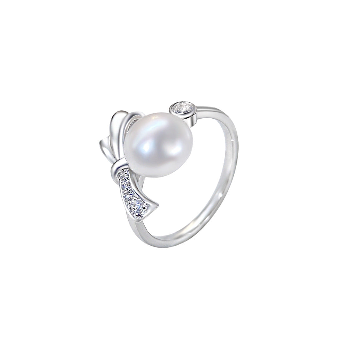 S925 Sterling Silver Freshwater Pearl Bow Ring — Adjustable