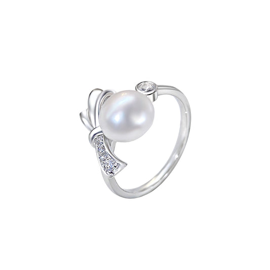 S925 Sterling Silver Freshwater Pearl Bow Ring — Adjustable