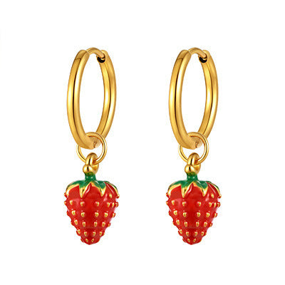 Red Strawberry Charm Gold-Tone Hoop Earrings