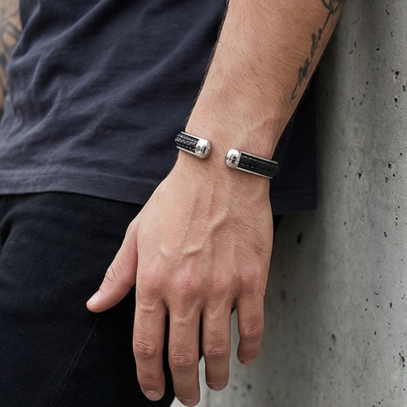 Design Atmospheric Braided Leather Stainless Steel C-Open Bracelet Men's