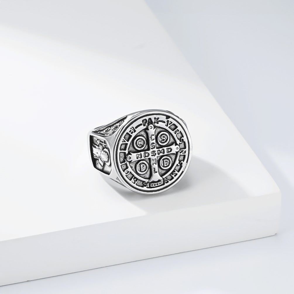 Planderful Saint Benedict Exorcist Ring For Men Titanium Steel Non Fade Protection Jewelry
