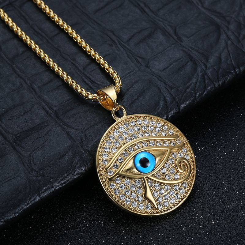 Hip Hop Necklace Eye Of Horus Pendant Planderful Stainless Steel Gold Plated Rhinestones Unisex