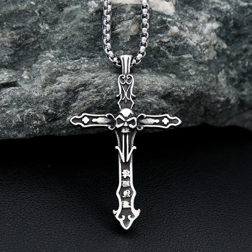 Planderful Vintage Skull Necklace with Stainless Steel Cross Pendant