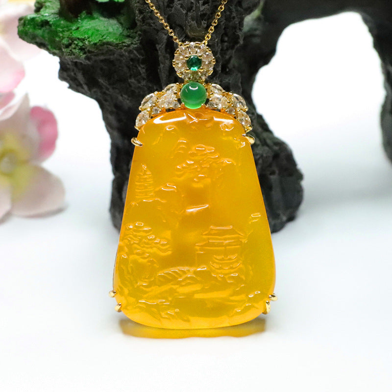 Golden Landscape Chalcedony Zircon Necklace with Sterling Silver