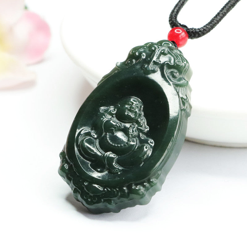 Natural Hotan Jade Jade Pendant Dark Green Oval Buddha Pendant Jewelry