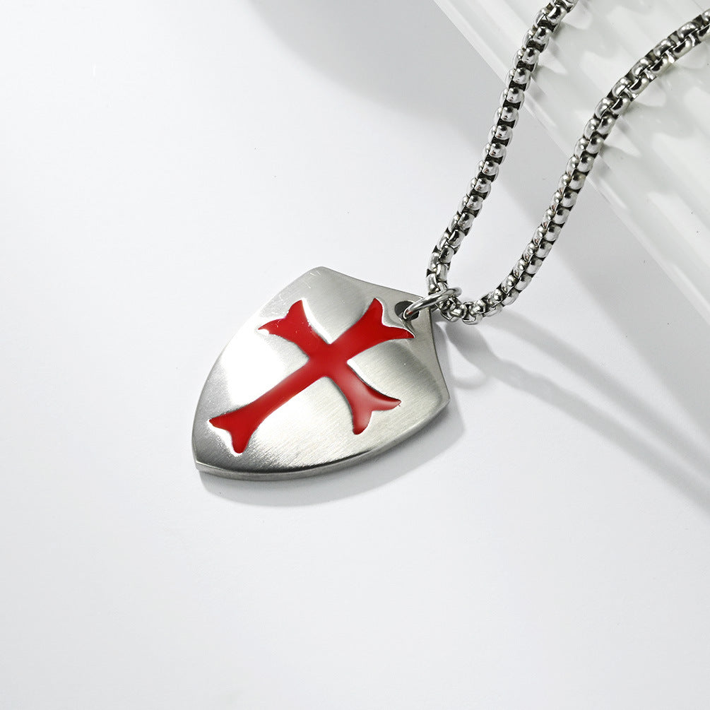 Cross Necklace For Men Matte Stainless Steel Shield Pendant By Planderful Shop Bold Retro Expedition Style