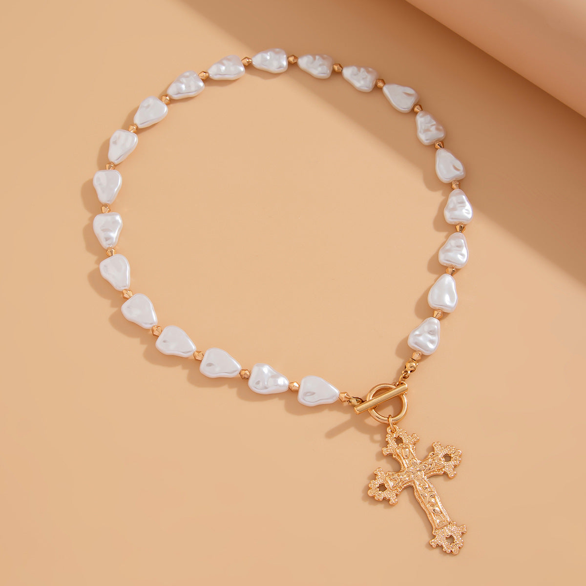 Baroque Pearl & Cross Toggle Necklace