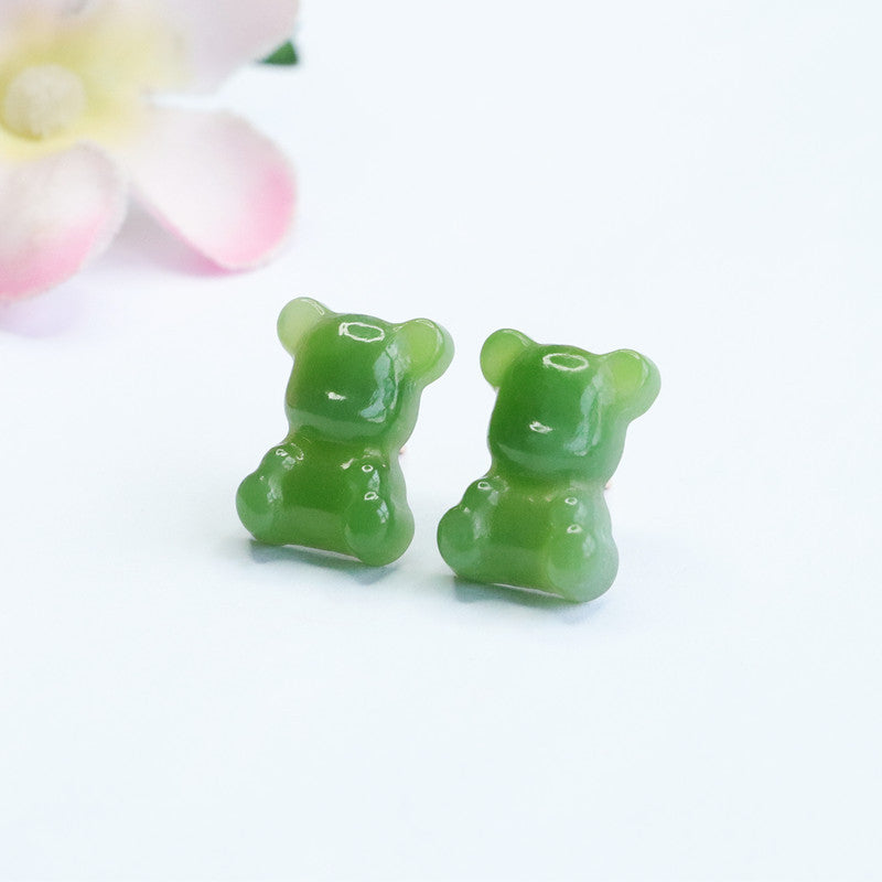 Hetian Jade Bear Stud Earrings with Sterling Silvercaffold