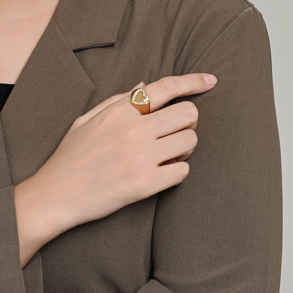 Heart Zircon Gold-Plated Stainless Steel Ring Unisex