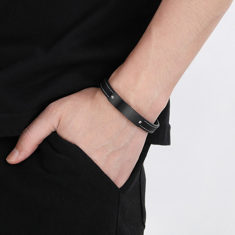 Stainless Steel Curved Bar Men's Bracelet – Business Leather Bracelet