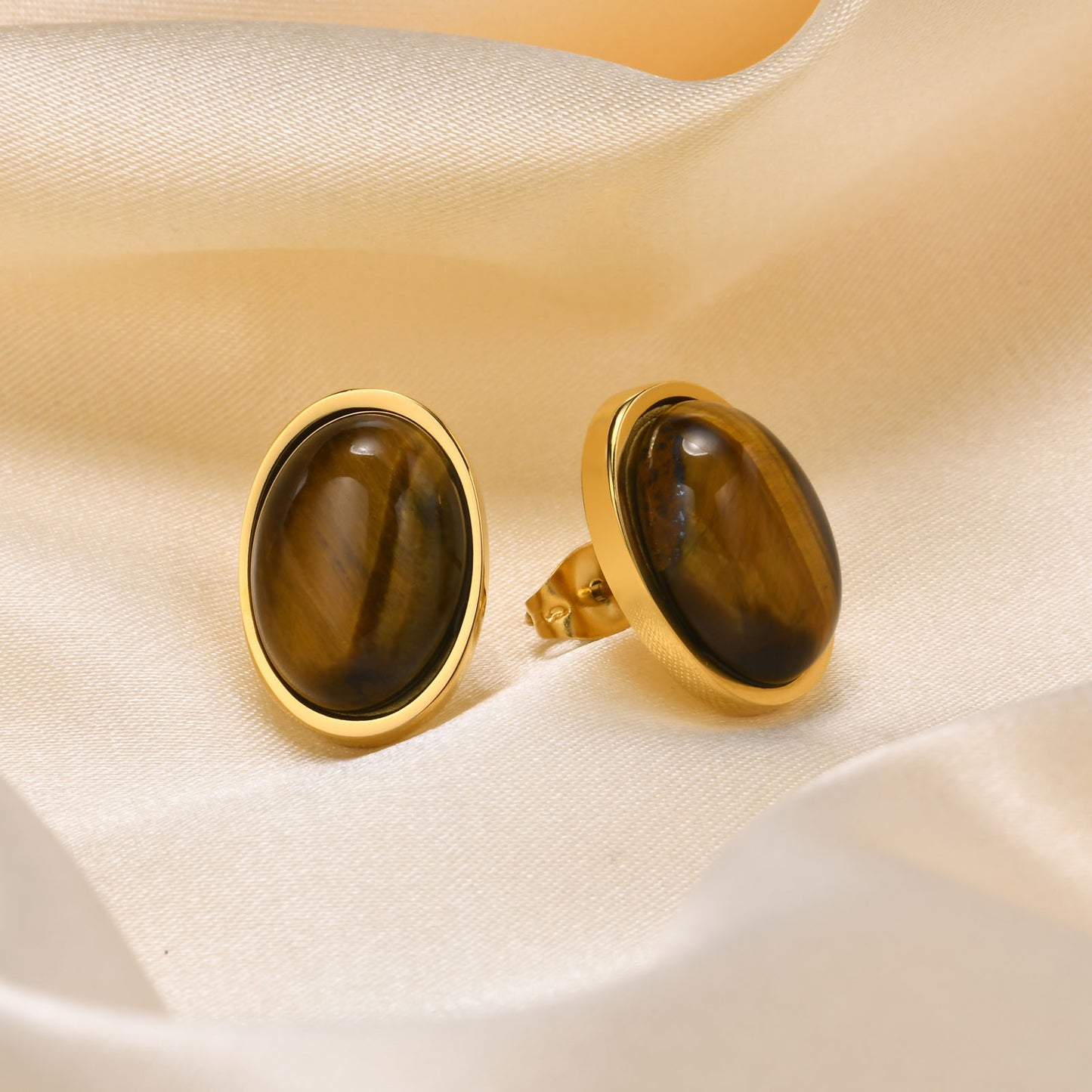 Women's Personality Simple Oval Stainless Steel Tiger's Eye Earrings Gold