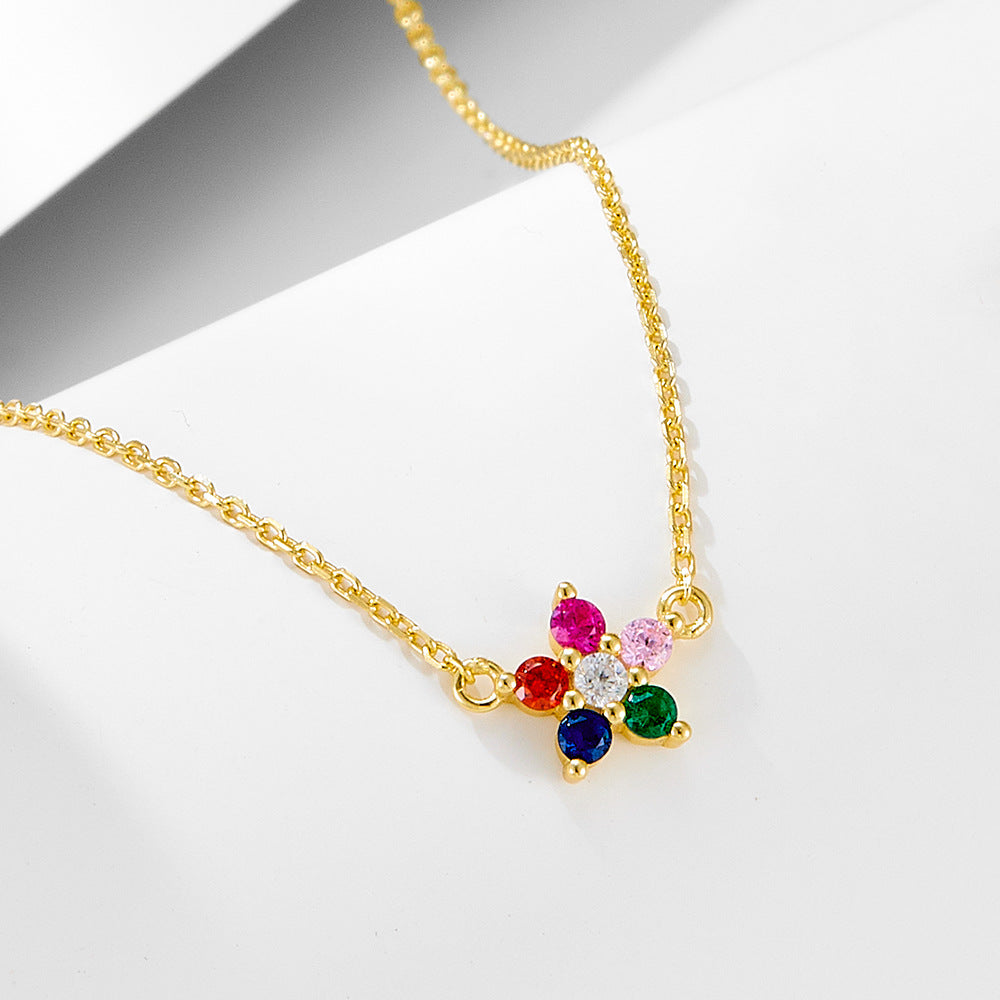 S925 Sterling Silver Colored Zircon Flower Pendant Necklace And Cute Necklace