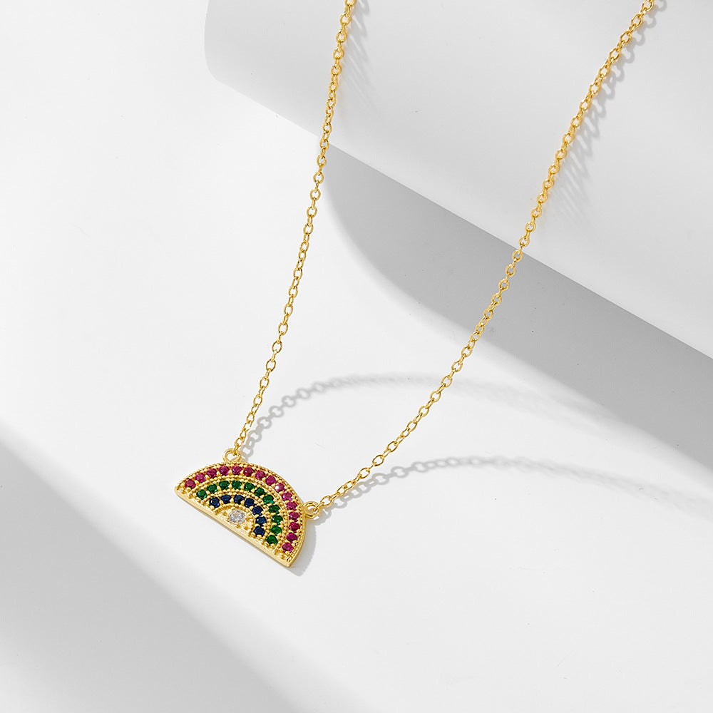 S925 Sterling Silver Geometric Semicircle Rainbow Zircon Necklace Pendant Clavicle Chain Women