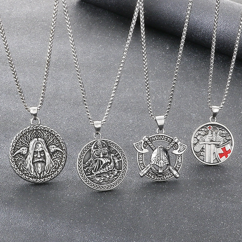 Templars Red Cross Jewelry, Viking Battleship Tomahawk Crow Odin Titanium Steel Men's Pendant Necklace