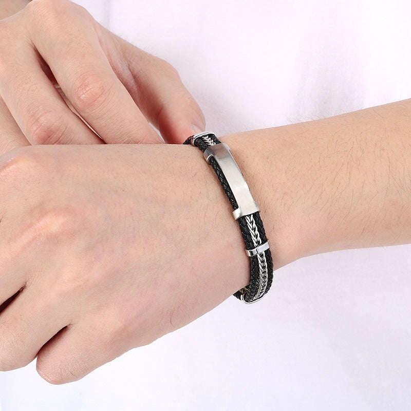 Business Men's Leather Rope Bracelet – Steel Wire Braided Multi-Layer Leather Rope