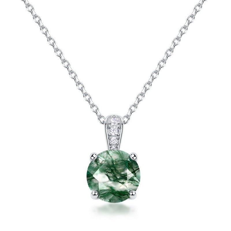 S925 Sterling Silver Moss Agate Rose Pendant Necklace