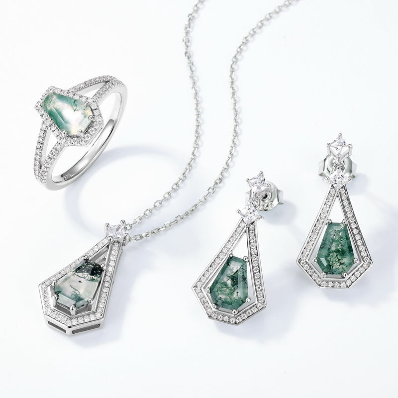 S925 Sterling Silver Moss Agate Shield Pendant Necklace