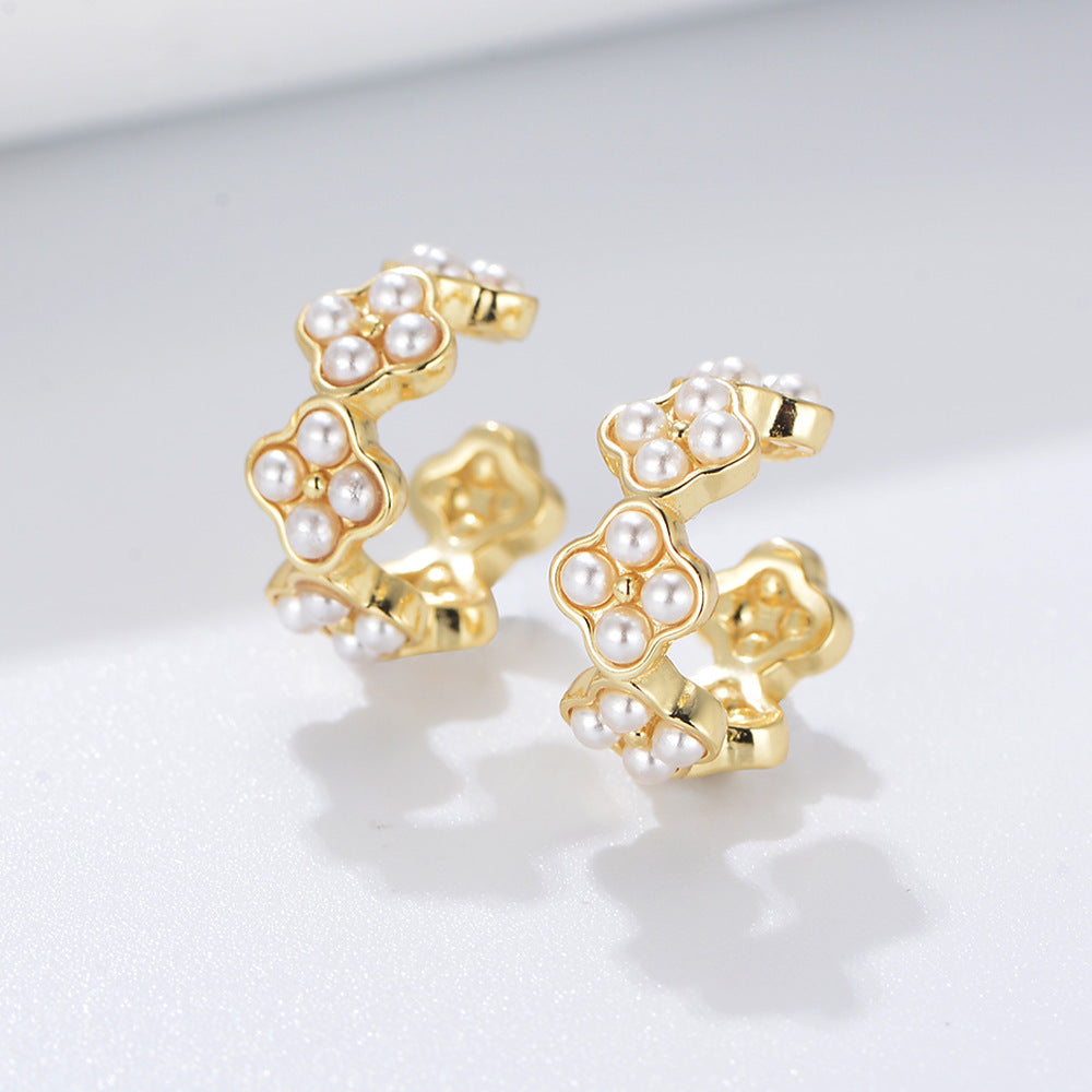 S925 Sterling Silver Geometric Pearl Earrings Ear Buckles