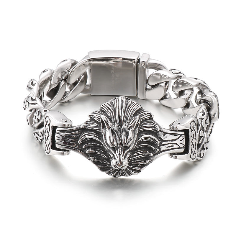 Antique Skull Wolf Head Flower Men's Titanium Steel Bracelet