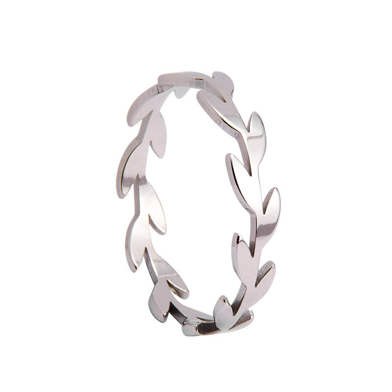 Chic Titanium Steel Ring with Olive Branch Design - Size 6-12