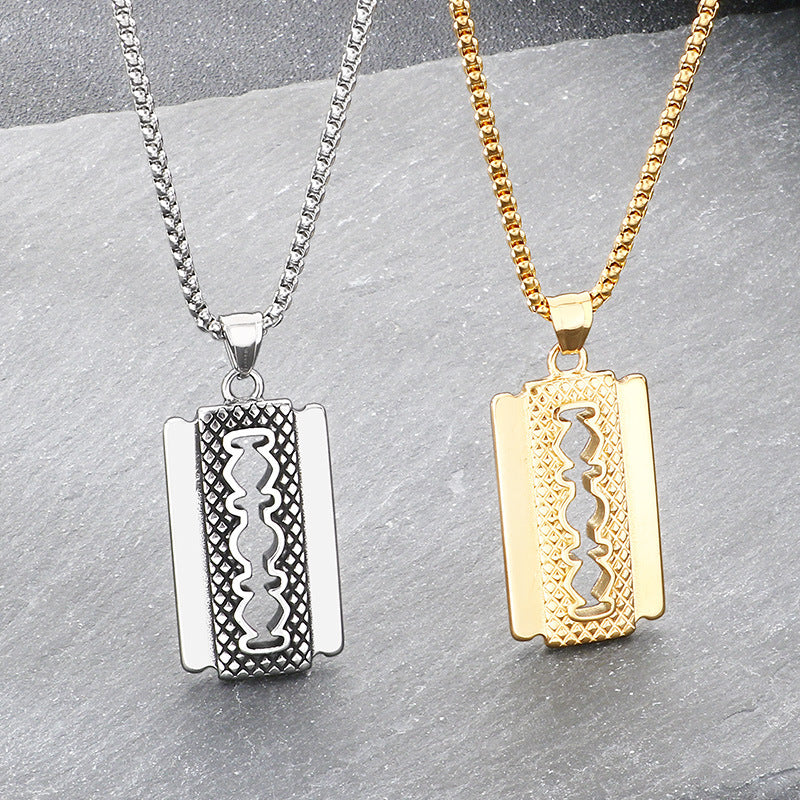 Retro Trend Hip-Hop Blade Necklace, Niche Rhombus Pattern Razor Stainless Steel Men's Pendant