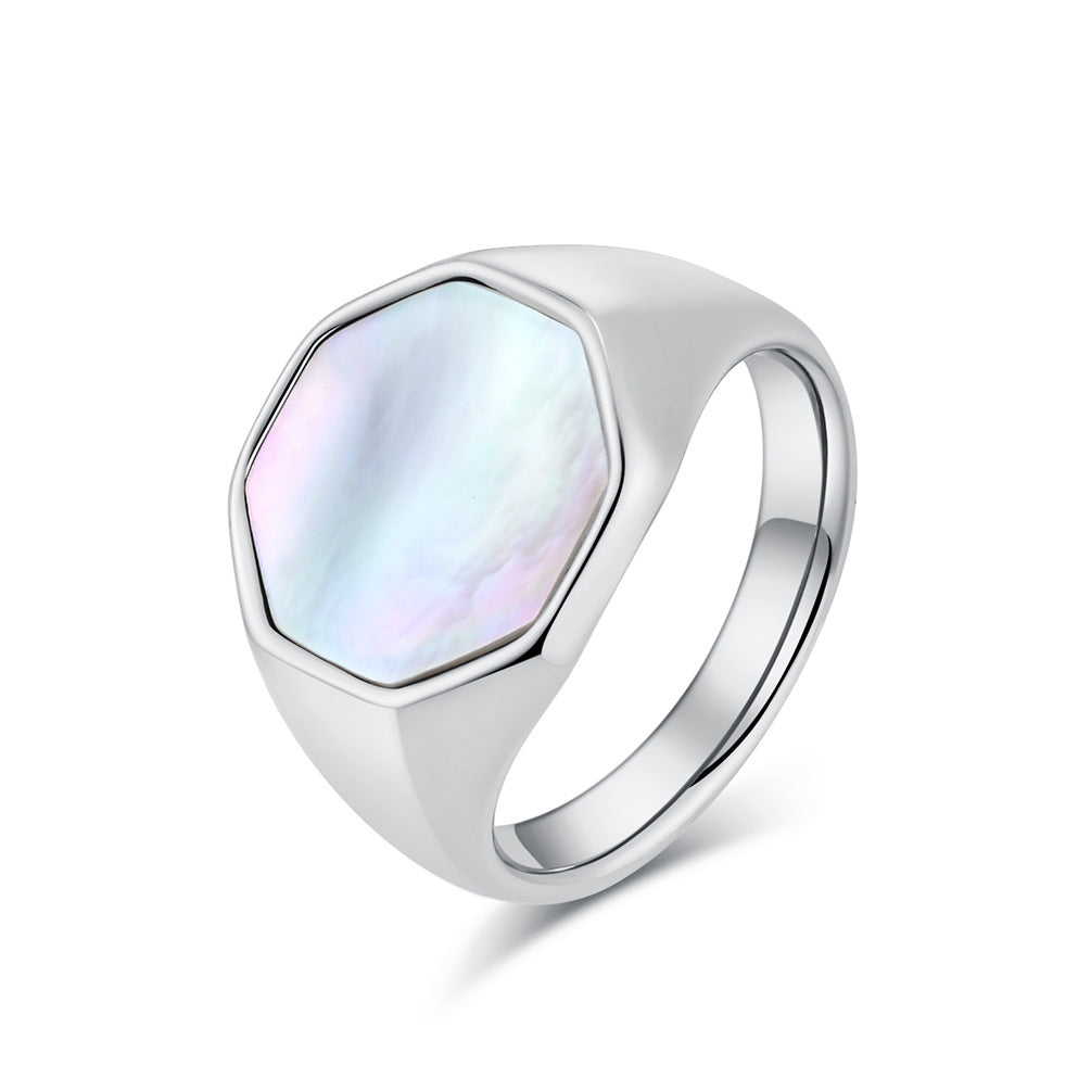Planderful Unisex Titanium Steel Inlaid Shell Ring Geometric Design For Men And Women