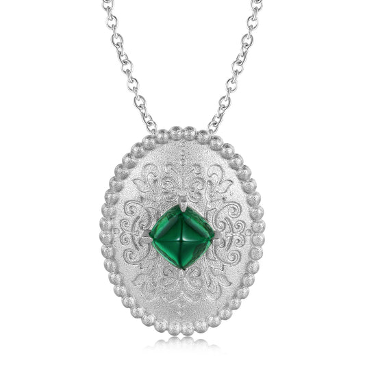 Sandblasting Retro Pattern Oval Pendant Square Green Zircon Silver Necklace