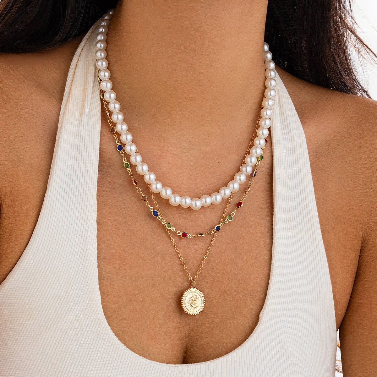 Pearl & Crystal-Style Moon Layered Necklace