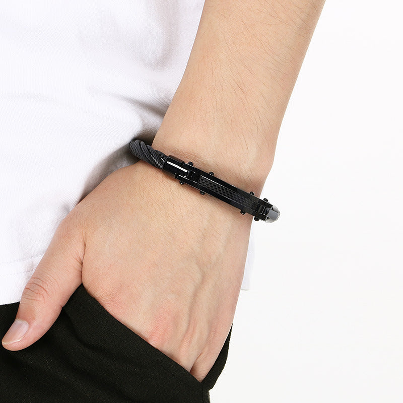 Hip-Hop Style Carbon Fiber Curved Bar – Braided Wire Steel Wire Stainless Steel Men's Bracelet