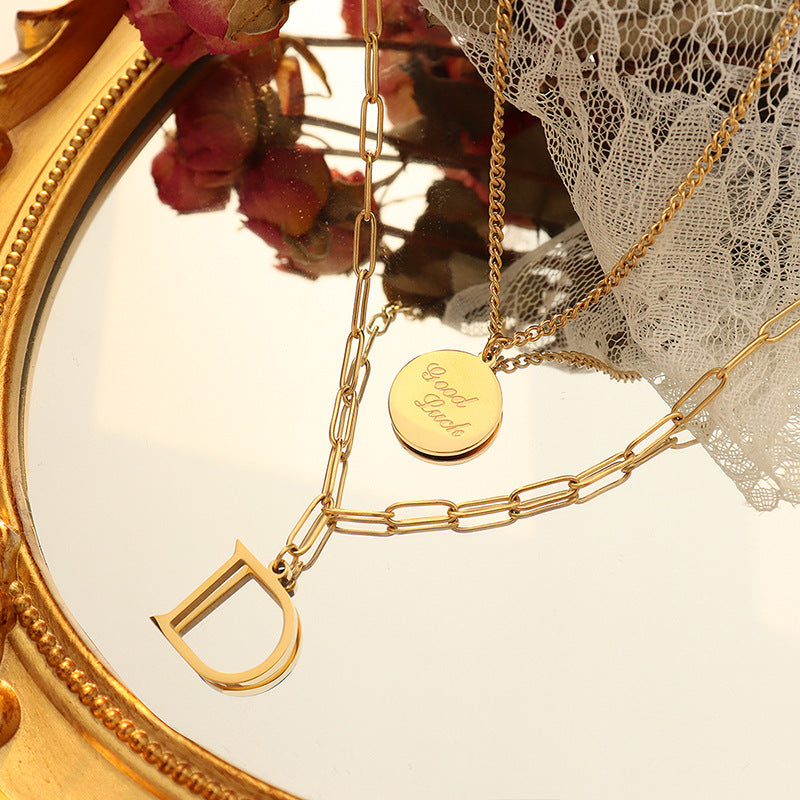 18K Gold Plated Double-Layer Letter Pendant Necklace with Detachable Chain - Women's Jewelry